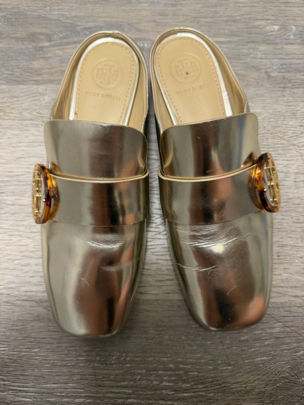 Tory Burch Gold Metallic Mule Slides with Tortoiseshell Logo